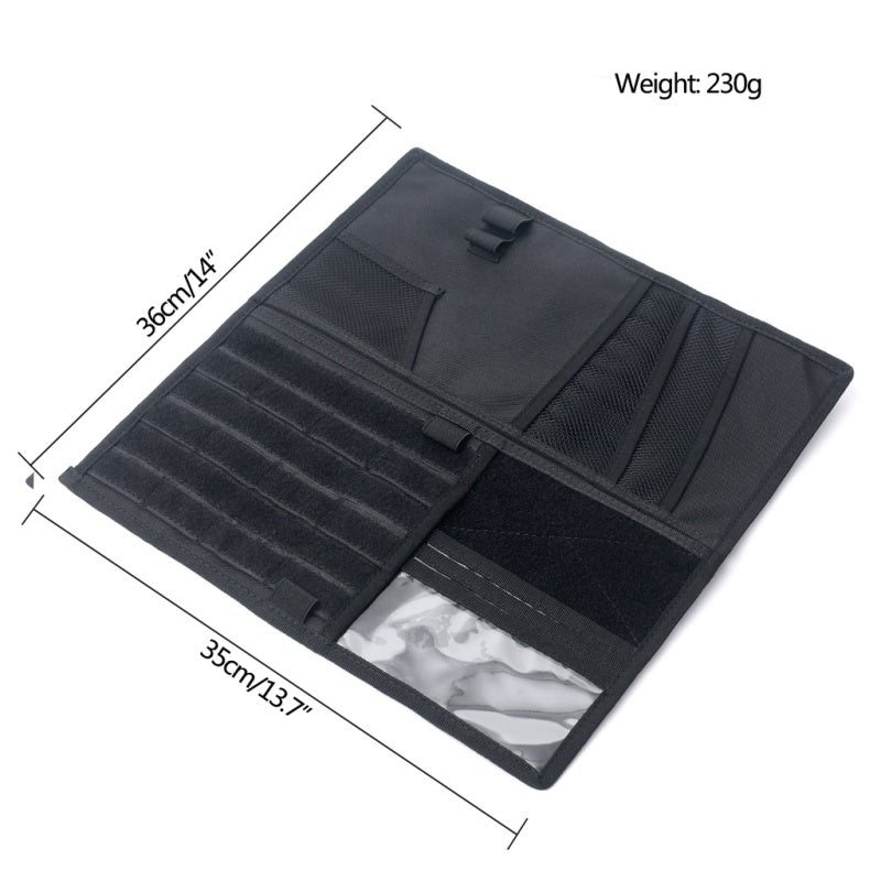 Black visor organizer size diagram: 36 cm by 35 cm (14 by 13.7 inches), 230 g, with mesh pockets and clear window