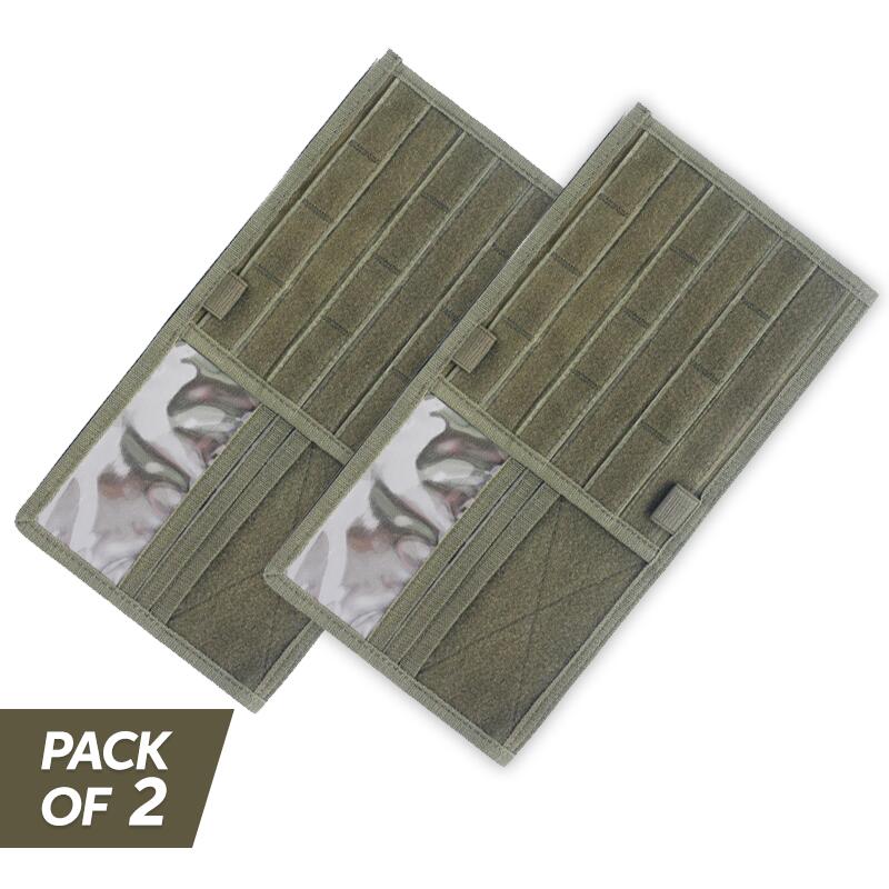 Two olive visor organizers showing the webbing rows, card slots and clear document pocket