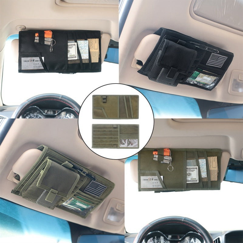 Visor organizers installed on driver and passenger sun visors in black and olive