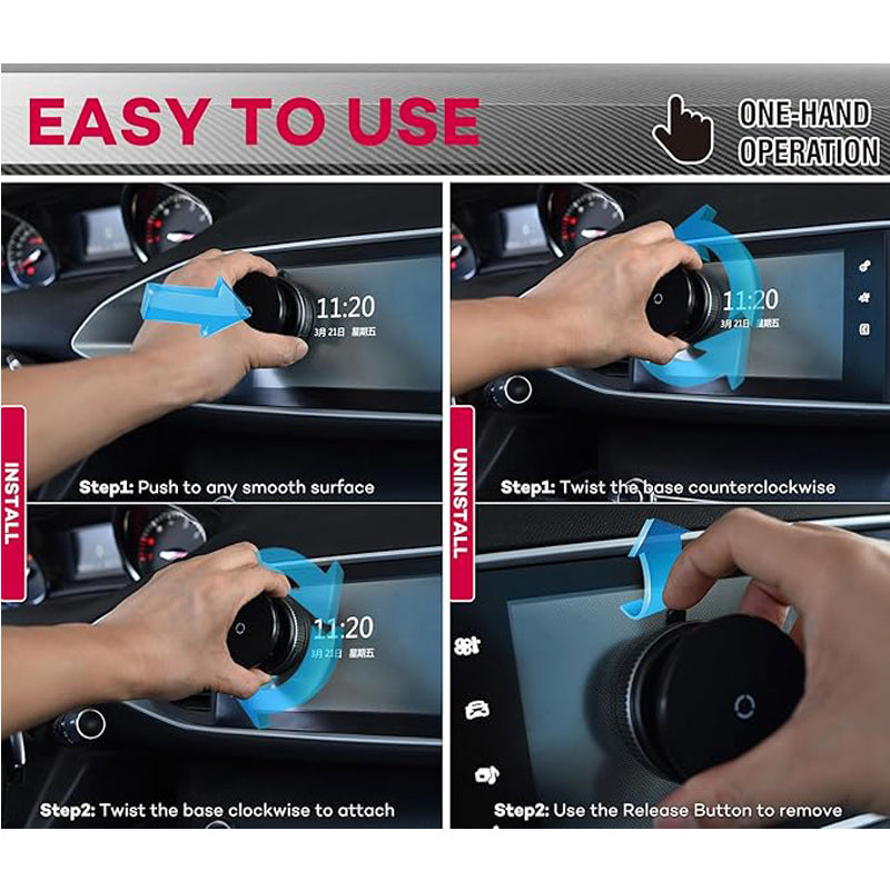 Installing the mount on a car display: push onto the surface and twist the base to lock; twist back and press the release button to remove