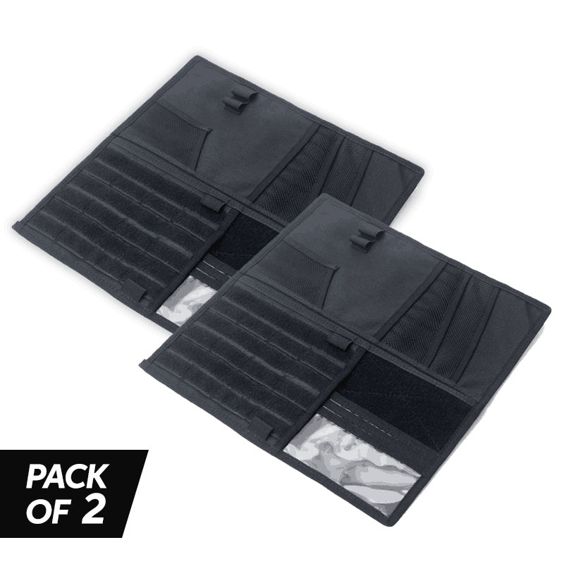 Two black visor organizers laid open showing mesh pockets, card slots and the clear document window
