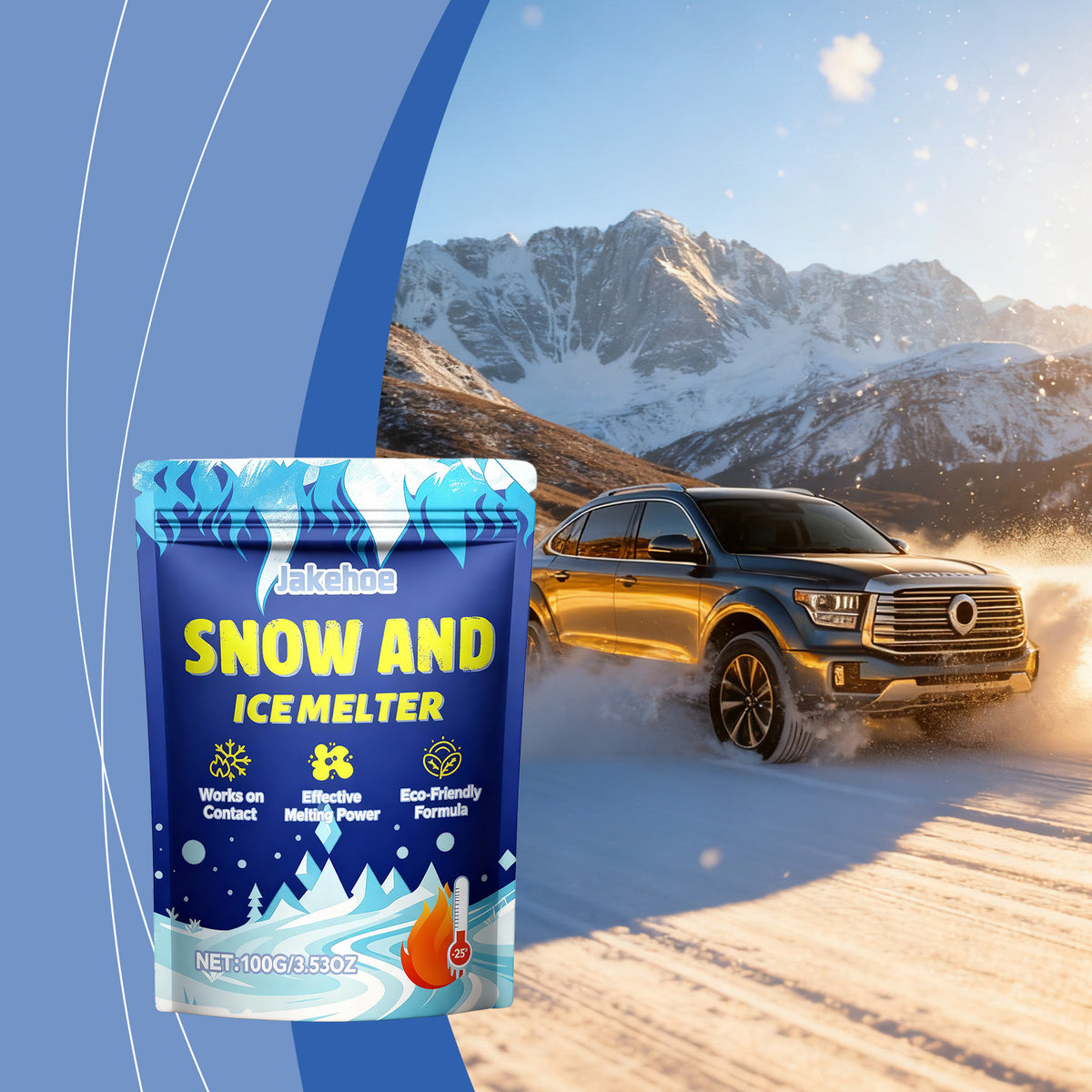 Snow and ice melter pouch with SUV driving through mountain snow