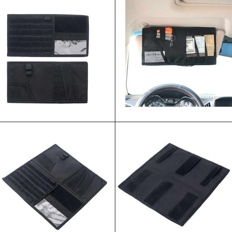 Black sun visor organizer shown from the front, the back, and installed on a driver-side visor