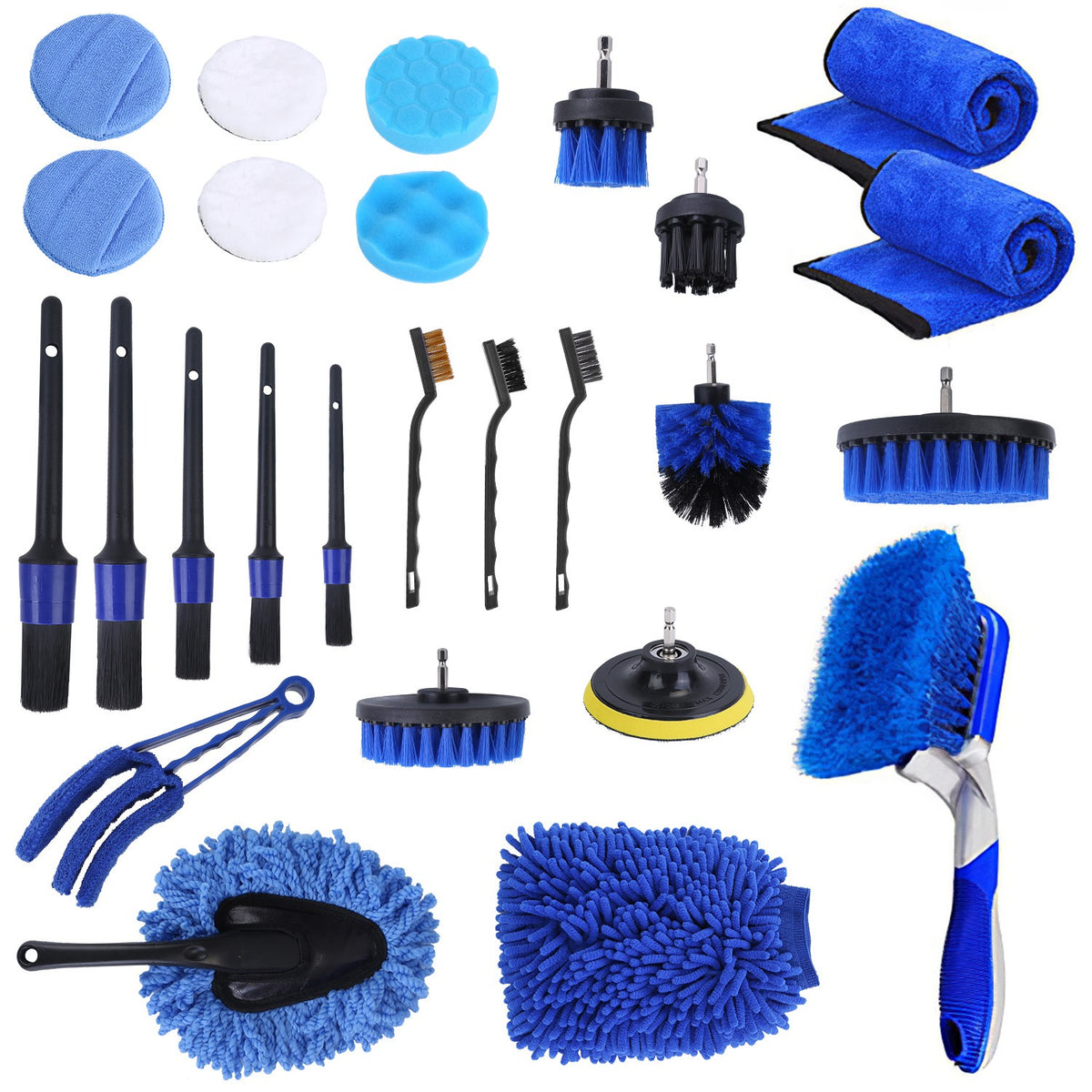Full 26-piece detailing kit arranged in rows