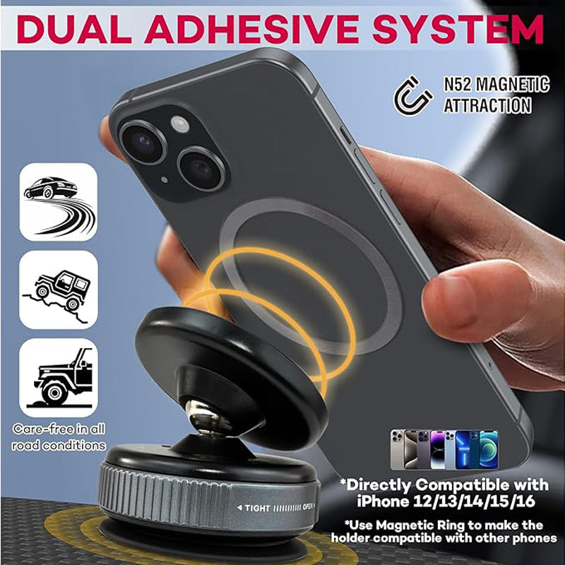 Phone with a magnetic ring case snapping onto the mount head, with the suction base locked onto a dashboard surface