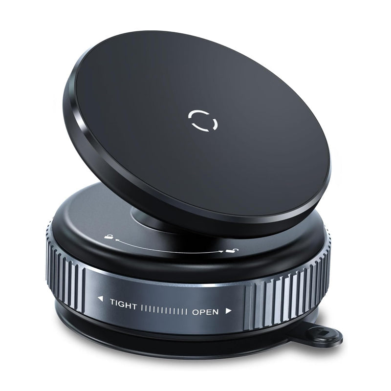 Vacuum magnetic phone mount with twist-lock suction base and round magnetic head, shown at an angle