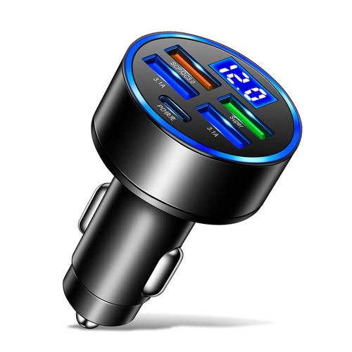 5-port 150W car charger with blue LED ring and voltage display, front view