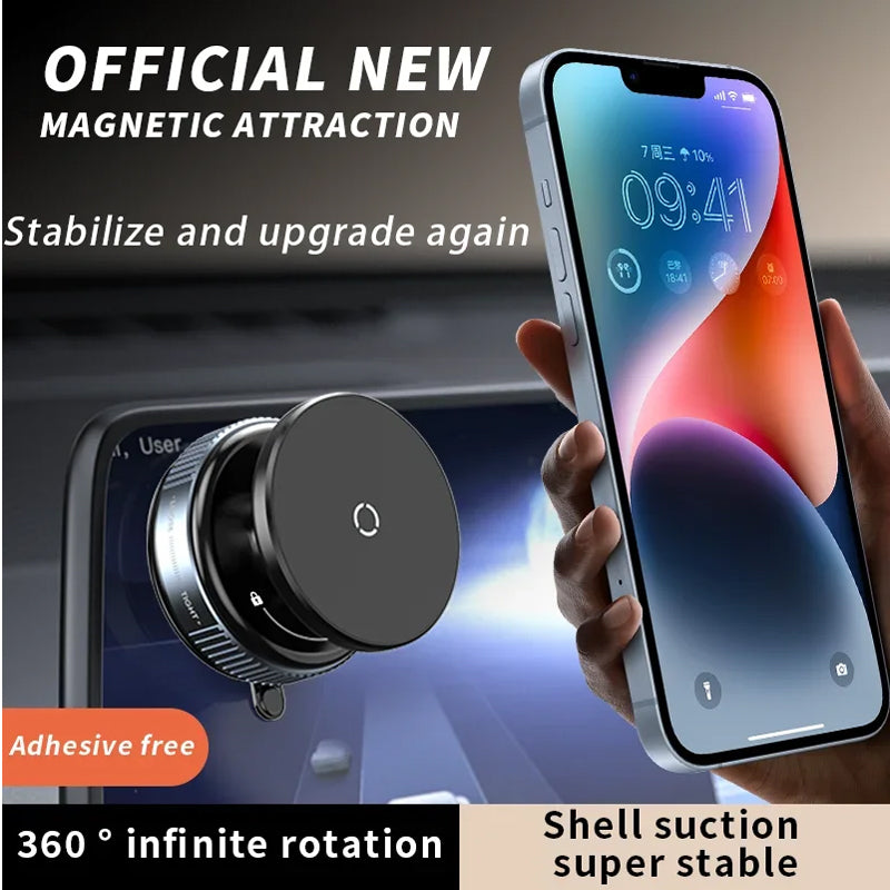Mount suction-locked to a car display screen with a phone held beside it, showing the 360-degree rotating head
