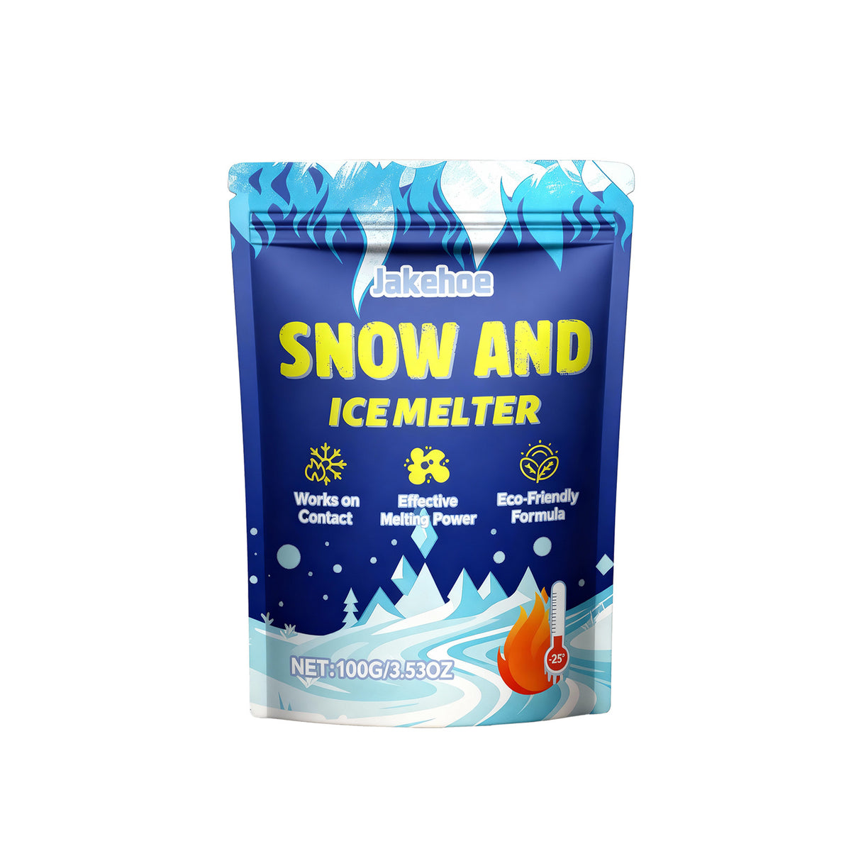 Snow and ice melter pouch, alternate front view