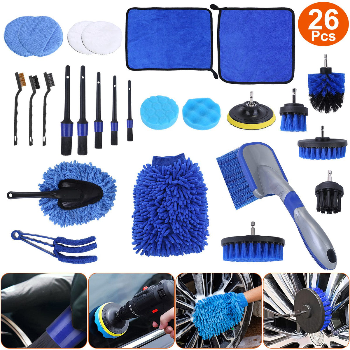 Complete 26-piece car detailing brush kit laid out, blue and black brushes, pads, towels, and wash mitt