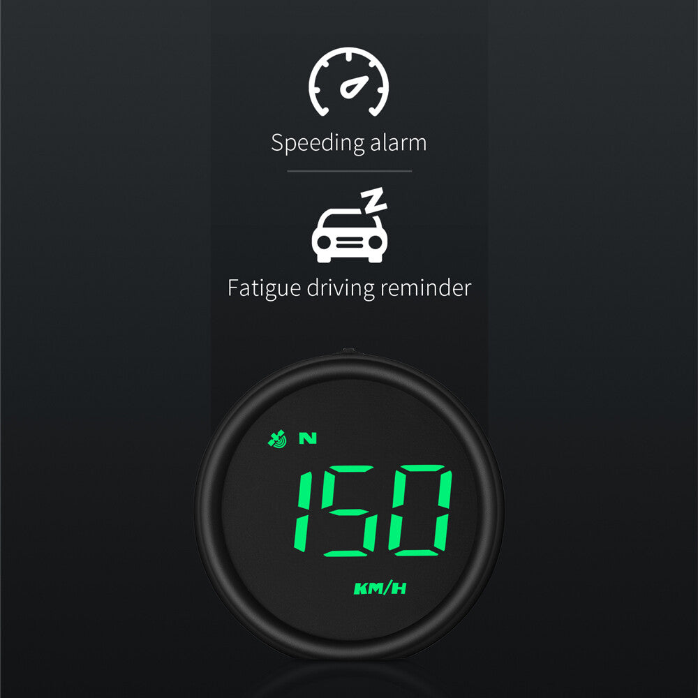 HUD unit displaying 150 KM/H with speeding alarm and fatigue reminder callouts