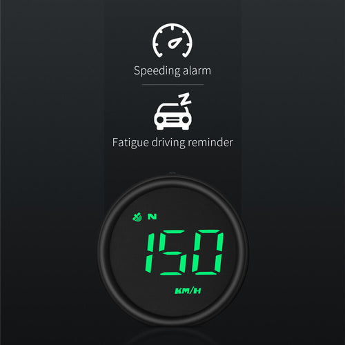 HUD unit displaying 150 KM/H with speeding alarm and fatigue reminder callouts