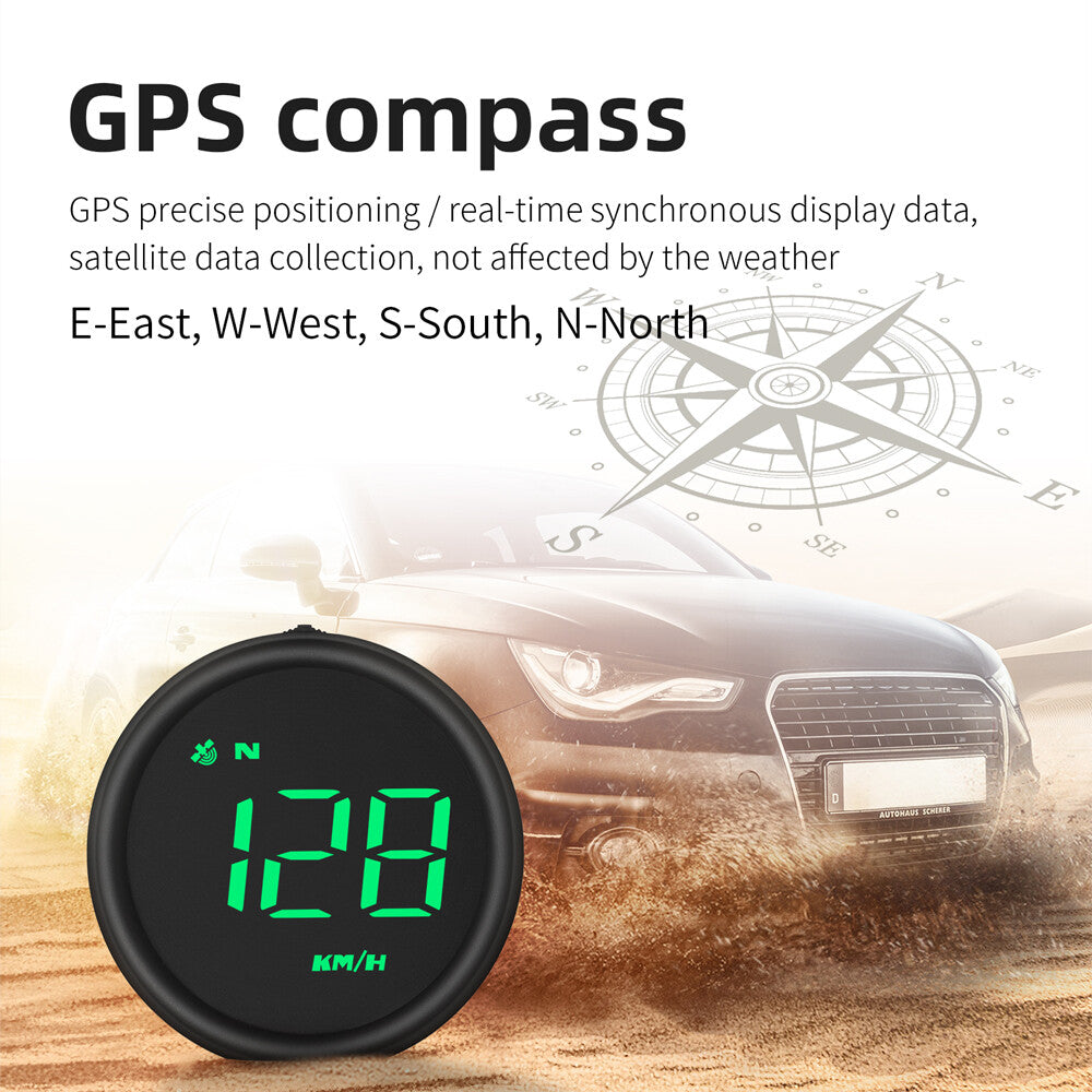 HUD unit showing GPS compass direction over a satellite graphic