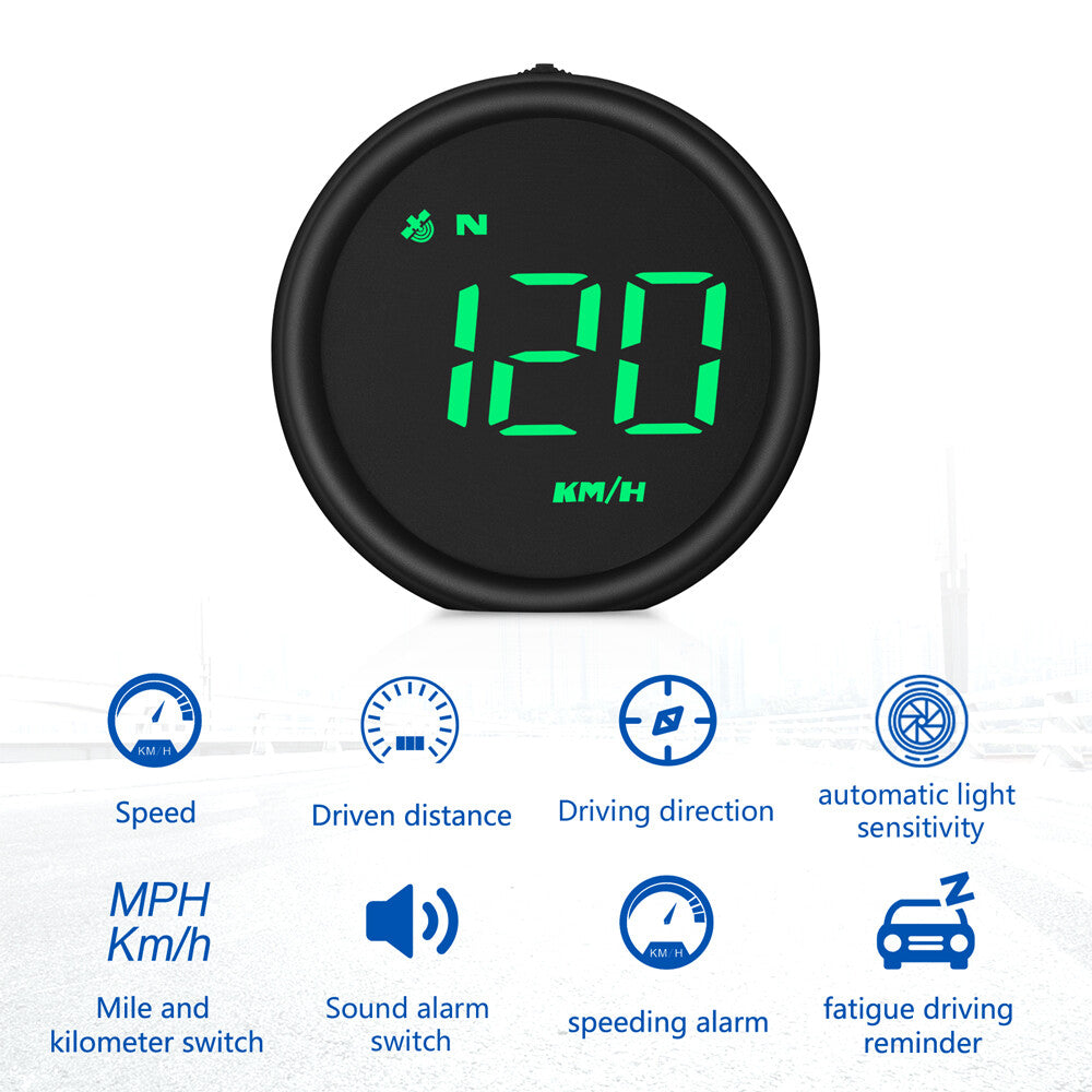 Feature overview for the GPS head-up display — speed, distance, direction and alarms