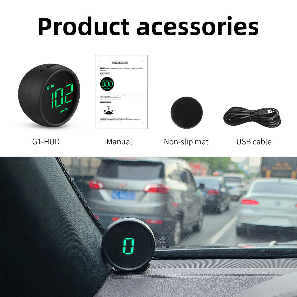In the box — HUD unit, user manual, non-slip mat and USB cable