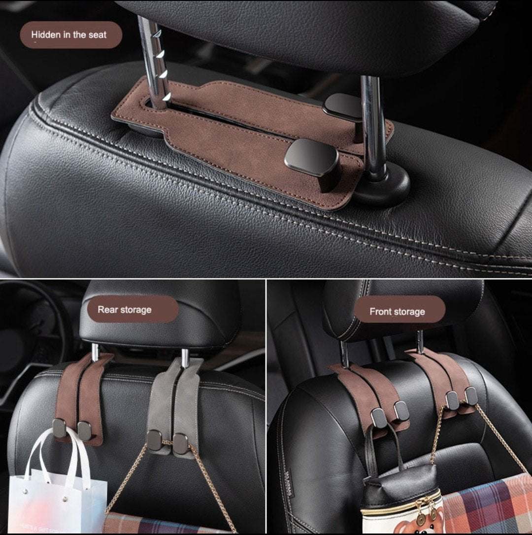 Brown leather headrest hook installed flat and hidden in the seat between the headrest posts, with rear and front storage views of bags hanging from the hooks