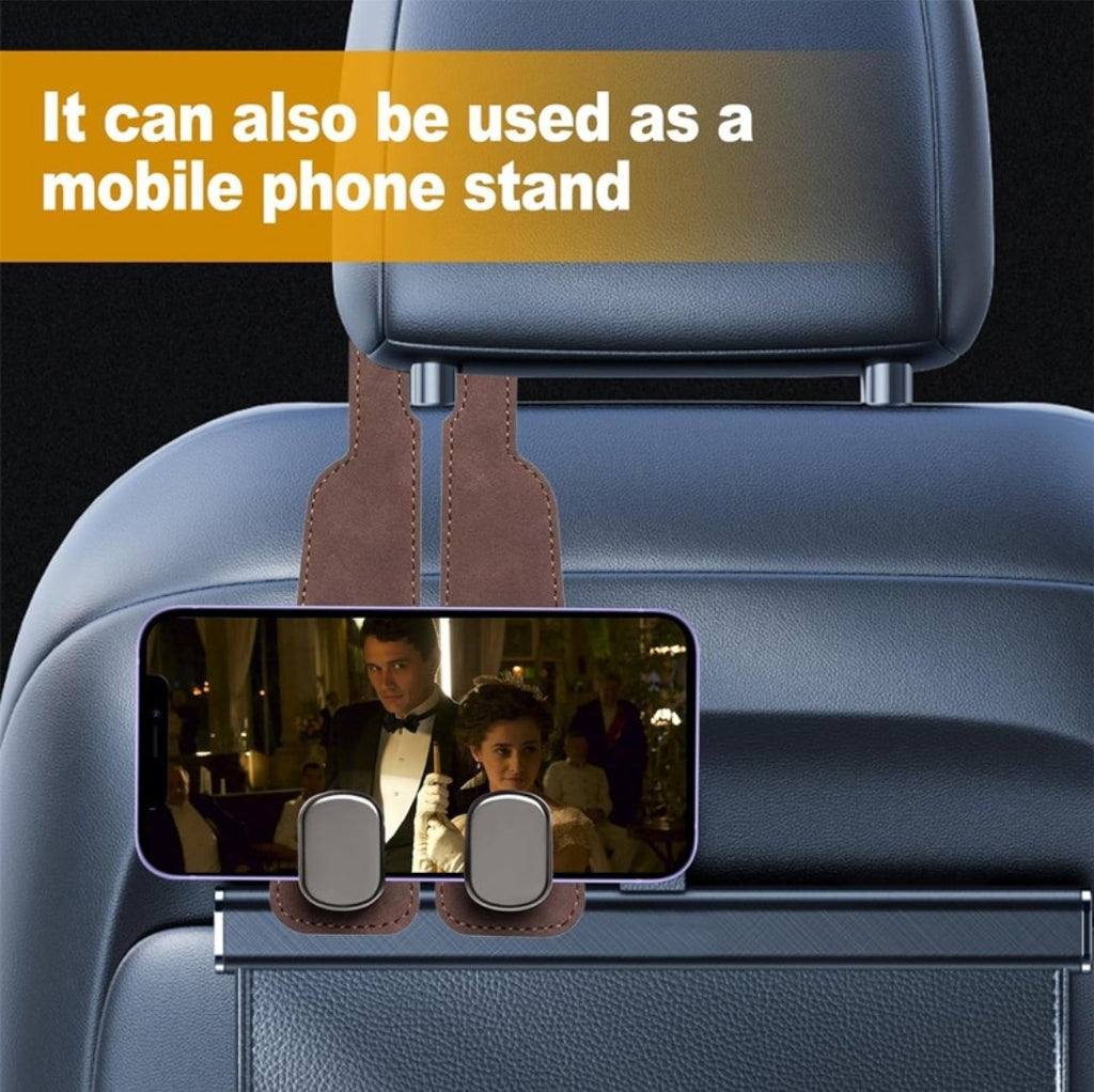 Brown leather headrest double hook used as a mobile phone stand, holding a phone sideways for back-seat movie viewing