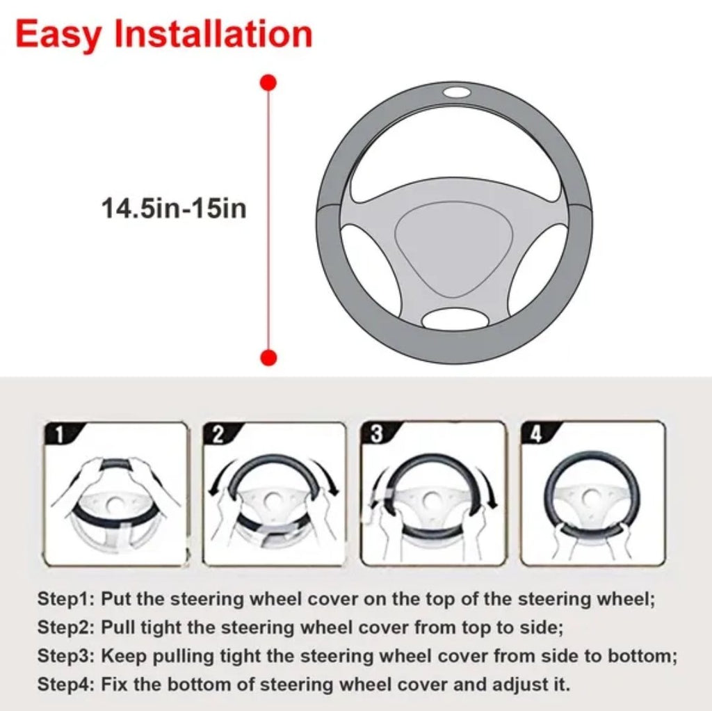 Easy installation guide showing four steps to fit the steering wheel cover on a 14.5 to 15 inch wheel
