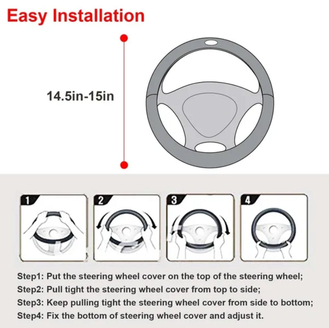 Easy installation guide showing four steps to fit the steering wheel cover on a 14.5 to 15 inch wheel