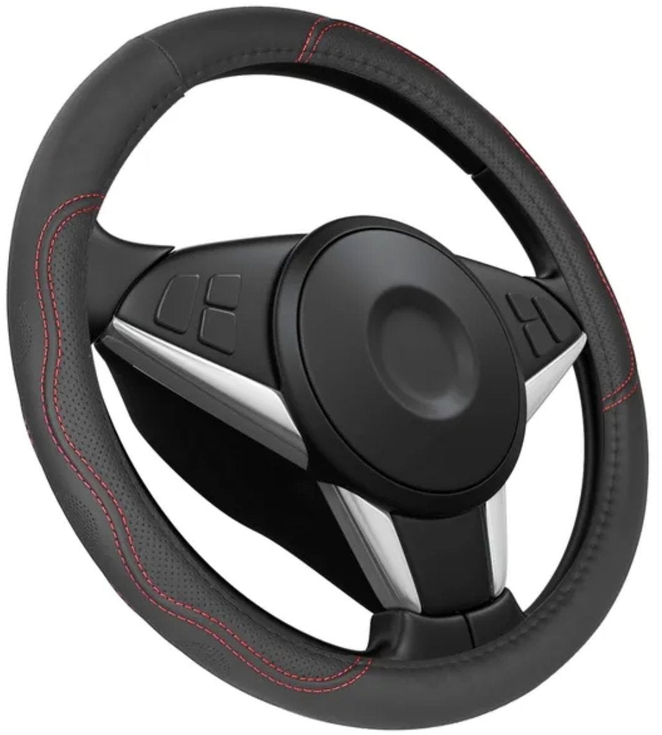 Black fiber leather steering wheel cover with red stitching fitted on a steering wheel, front view on a white background