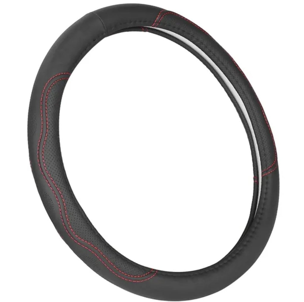 Black fiber leather steering wheel cover with red contrast stitching on its own against a white background