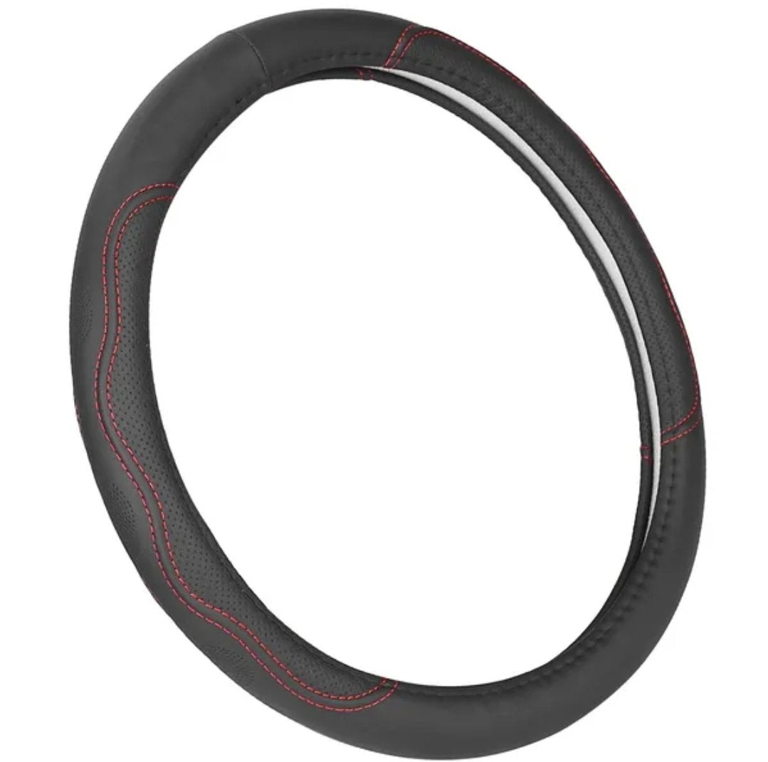 Black fiber leather steering wheel cover with red contrast stitching on its own against a white background
